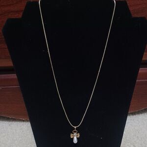 Golden Necklace with Vintage Faux Pearl Drop Angel Pendant, 18"